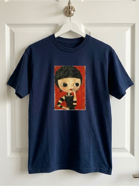 Gildan Tops - Pop Surrealism Smoking Girl Red Background Navy Blue T-Shirt